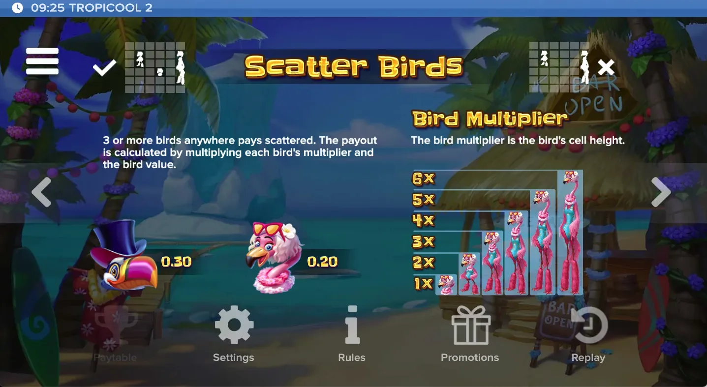 Tropicool 2 scatter vogels uitbetaling