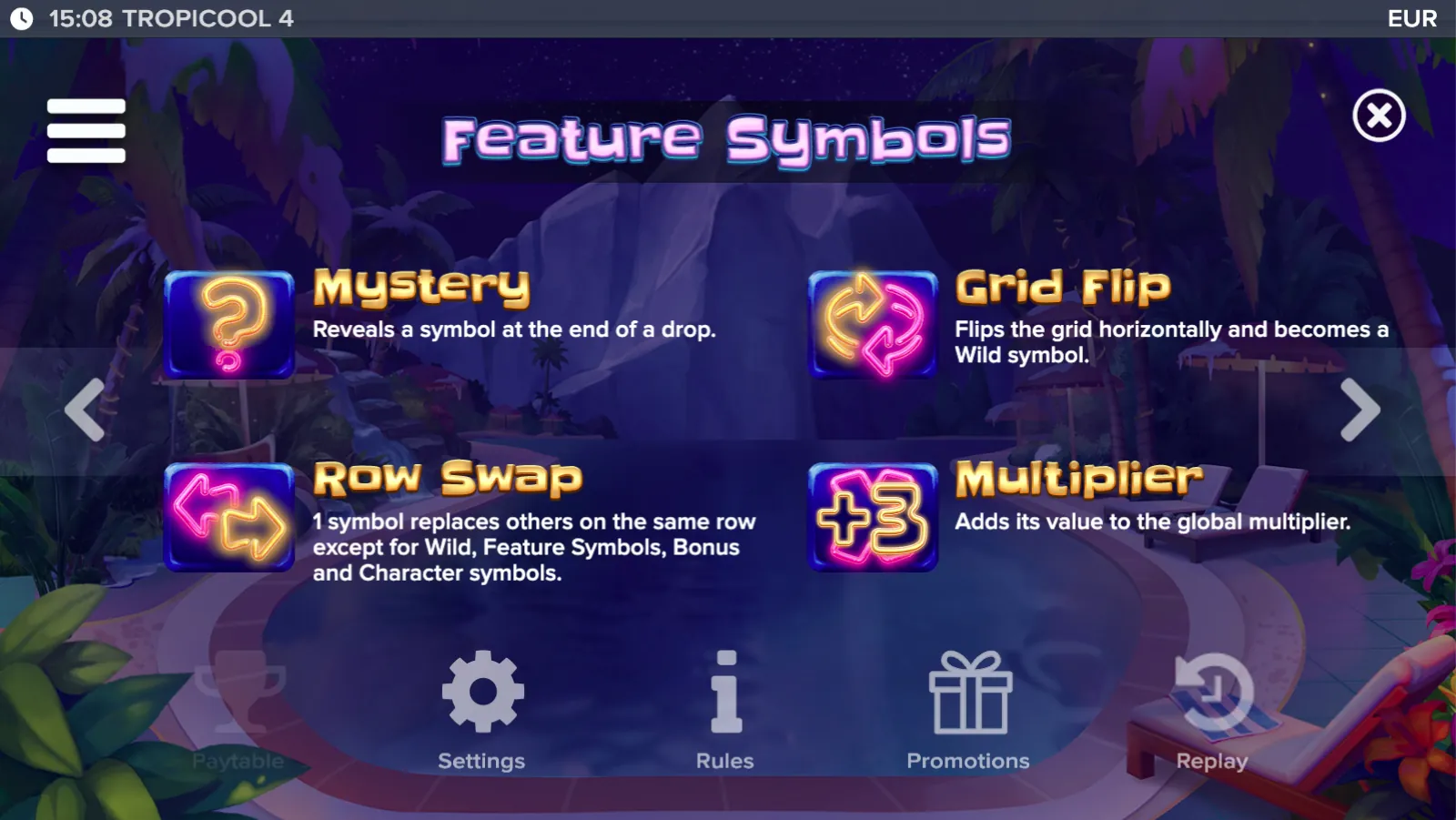 Tropicool 4 feature symbols including mystery, row swap, grid flip and multiplier